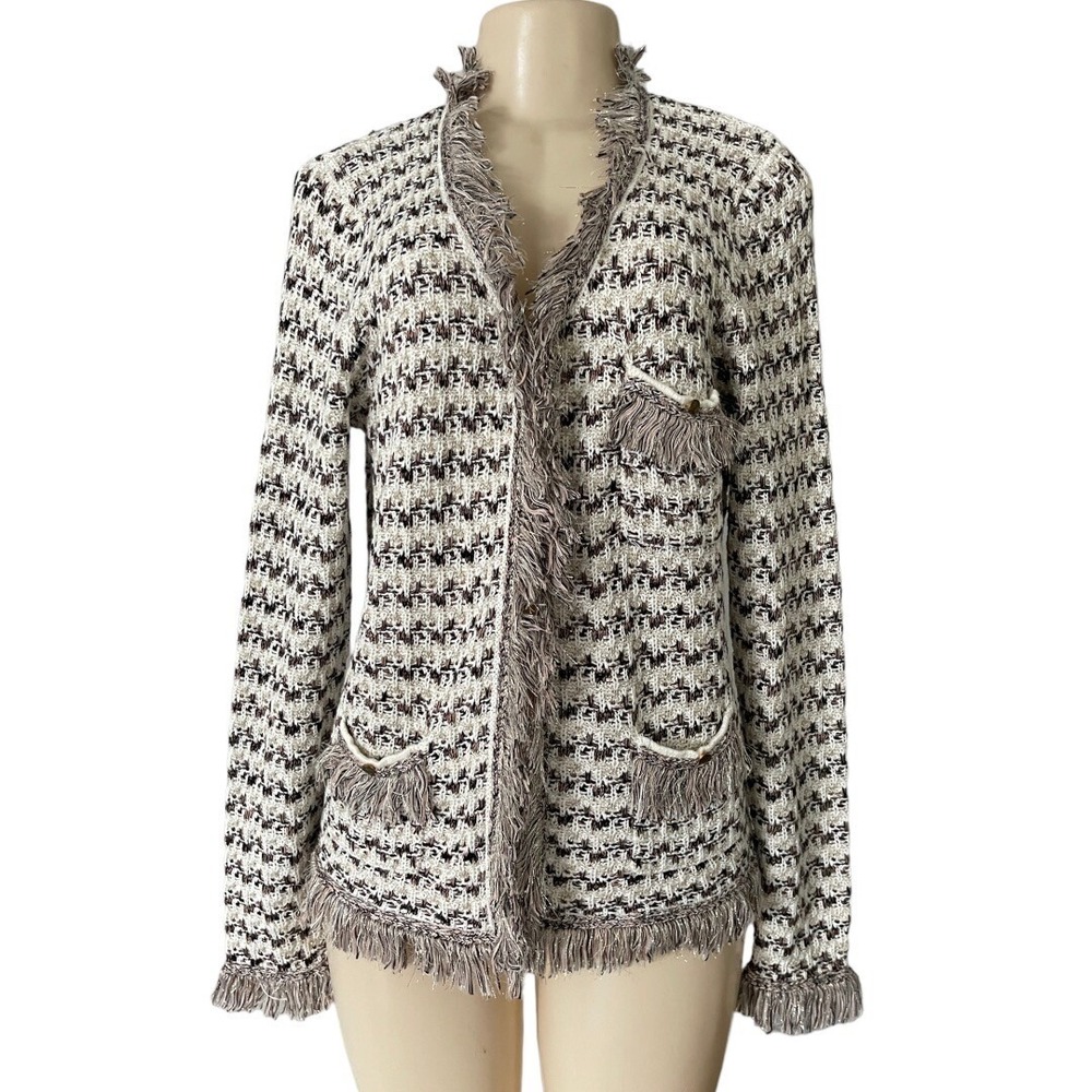 After The Rain‎ Womens L Cardigan Tweed Knit Open Front Fringe Sweater Jacket